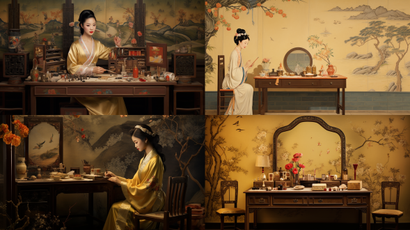 战国至明清女性梳妆台化妆，唐宋画风，对称构图，室内，工笔，暖黄主调，顶光，精细笔触，优雅姿态，生活气息。