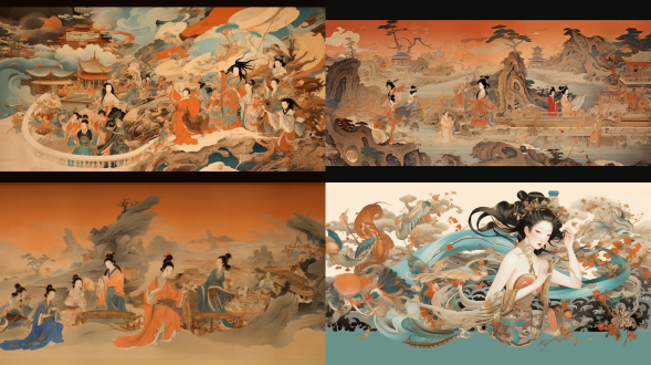 《奁史千华》长卷，融合敦煌与宋画风格，各幕展现不同朝代梳妆盒，工笔重彩，穿插时空场景，神秘华贵，有全息、赛博元素。