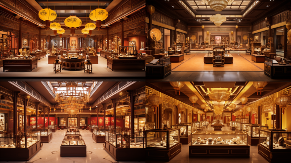 唐代宫廷风格珠宝店室内，对称布局，细节丰富，暖黄主调，室内场景，长焦镜头，顶光，真实质感，华丽氛围。