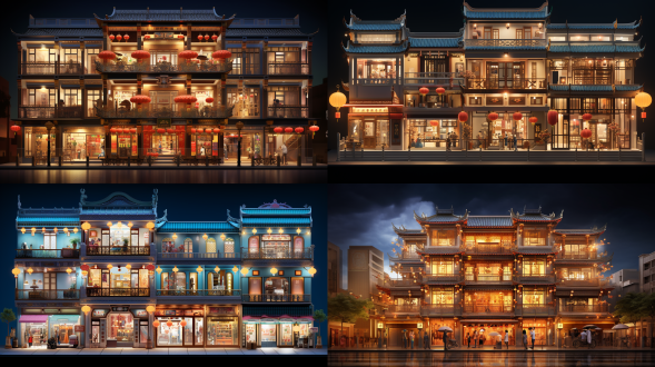 清代宫廷风格5层商铺门面，夜景，现代步行街繁华场景，对称布局，暖冷色调，长焦镜头，顶光侧光，丰富细节，真实光影。