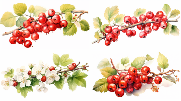 手绘山楂，居中构图，白色背景，高饱和度，高清画质，水彩风格，暖光，细节丰富，鲜艳色彩，清新感。