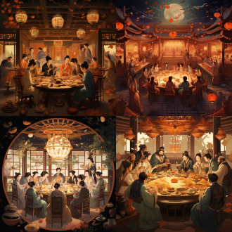 韩熙载夜宴图插画，多人扁平风格，对称构图，宴会场景，暖色调，长焦镜头，柔和光线，静态，优雅，欢乐。