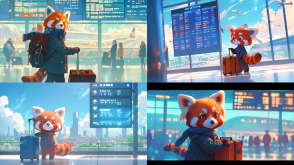 a red panda standing at the airport, dragging a suitcase, with a blurred flight information screen in the background displaying london, new york, and paris. the red panda looks excited and a bit nervous, with big, bright eyes. the atmosphere is bustling and full of anticipation for a new journey.