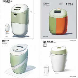 手绘稿，针对垃圾桶进行外观、使用体验或功能创新，目标为31岁到35岁女性高收入人群，不倒翁垃圾桶，不论怎么放置都不会倒，材质选择上，以塑料类和五金类为主。产品成本控制在10至120元之间，销售价格区间定为30至300元