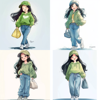 卡通插画风格，q版，一个酷女孩，黑色长发，身穿绿色卫衣，牛仔裤，背着包，戴着帽子，五官精致，开心，跳起来，奔跑。镜头捕捉。白色背景，显示全身。描边插画。高质量佳作。精致细节。 动画艺术 宣传海报 水彩儿童画 全身 全身角色 开心