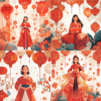 快乐中国服饰女孩，服饰有精美繁荣图案，灯笼环绕发光，扁平插画，创意构图，大师级，艺术感足，细节丰富，高质量。