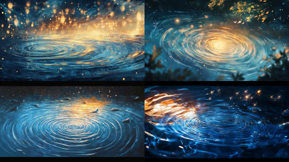 古风插画风格，水波纹呈圈状，蓝色星河与星团，梦幻闪烁，中心构图，大光圈，冷色调，柔和光线，静谧。