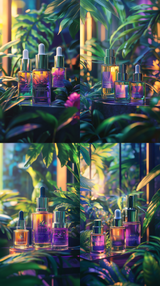 护肤品墨绿色主题，柔和灯光，正面构图，高分辨率，极简设计，清晰细节，远景透视，墨绿色调，柔和光线，正面视角，高清晰度，简洁风格，细节清晰，远景构图，自然光，静物摄影，质感细腻，环境宁静。