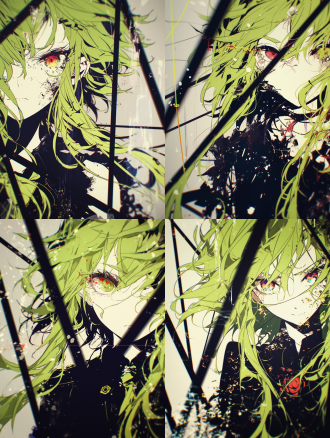 虚拟歌姬gumi，傲娇表情，粗犷漫画线条，半身像，头发飘扬，白色背景，高对比度，扁平化风格，特写镜头，正面光，动态捕捉，鲜艳色彩，自信，活力。