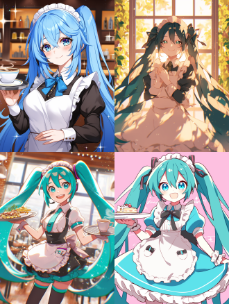 初音未来，蓝色粉色渐变头发，女仆裙，端咖啡，温馨咖啡厅，柔和光线，长焦镜头，浅景深，微笑，优雅，粉蓝渐变，温馨氛围。