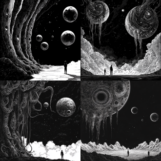天空悬垂巨大星体，渺小人影站立，伊藤润二风格，星球触角，光芒笼罩，黑白漫画线条，排线工整，噪点质感，仰视视角，高对比度，暗色调，侧光，神秘，宁静，幻觉。