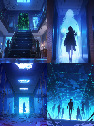 鬼屋，迷宫，室内，长方形室内空间，四面墙都是投影，可容纳4至5人，宽5米，长5米，高3米的密闭小空间，可容纳2名观众，蓝绿色的氛围，身临其境的鬼屋，恐怖，黑暗，墙上有投影和led屏幕，全息人物，谜语，神秘符号，中国图案， 迷宫图案，轮椅，顶部是一面镜子，空间被切割成迷宫，未来，科技，