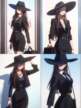 高个子的女人，头上戴着一顶帽子，在脸上留下了一个阴影，只能看到两只紫色疲惫的眼睛看着脸，长长的头发一直到后面，她们打扮得体，体格苗条而美观，上衣是黑色夹克衬衫和领带，衣服的底部是一条长长的商务裙，手里拿着一个黑色的手提箱，站在镜头前摆姿势，白色的房间遮住了阴影，动漫风格。