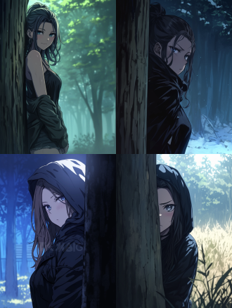 一个女孩躲在树后，藏着，看着，很暗，雾，夜，动漫风格。