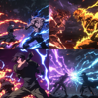 火雨流星拳，闪电奔雷拳，二位武道强者，精致面容，超现实风格，8k分辨率，cg渲染，强壮体魄，强者气质，电闪雷鸣背景，震撼效果，激烈动作捕捉，动态光影效果，相互厮杀，你来我往