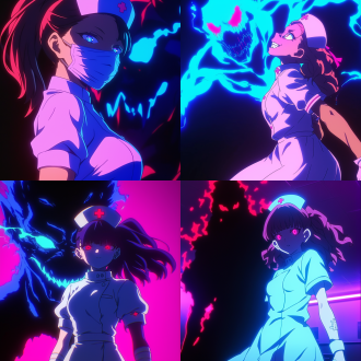 医院里一个穿着白色制服的受惊护士，身后有一个令人毛骨悚然的可怕灵魂。我想要一张非常可怕的图片作为我黑暗的 youtube 频道的封面，采用动漫色调。最可怕的图像。