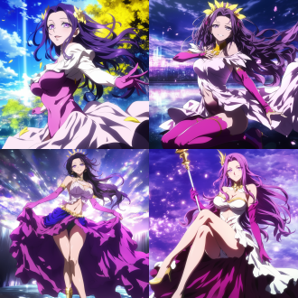 极光，高个子女人， 长发， 紫色头发， 长发， 紫色眼睛， 粉红色的连衣裙，肚脐，腹部，粉红色的手套，粉扑，粉红色的大腿，高跟鞋，微笑，灿烂的笑容，喜悦，快乐