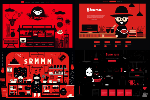 web design for a ramen shop, cute illustration simple, flat minimal vector flat, composition, swiss, bold lettering, black and red