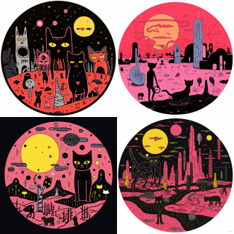 michael deforge的剪切贴纸描绘了后世界末日的猫，纯色背景，带有白色边框的剪切贴纸