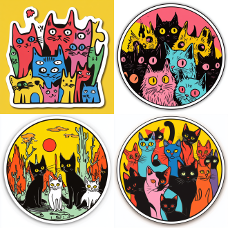 michael deforge的剪切贴纸描绘了后世界末日的猫，纯色背景，带有白色边框的剪切贴纸