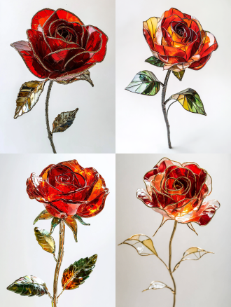 珐琅掐丝的一朵红玫瑰，玫瑰本身会发光，玻璃材质，鲜艳的色彩，白色背景，丰富的细节，温暖的色调，光影对比