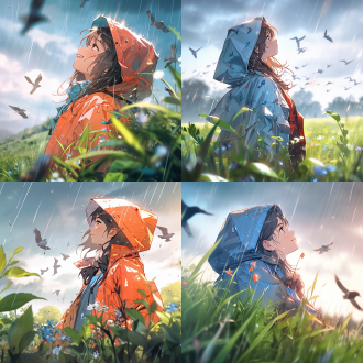 穿雨衣女孩草坪玩耍，中景构图，盛夏雨后蓝天白云飞鸟，近景植物挂雨珠，侧逆光，暖色调，活泼，中长焦镜头。