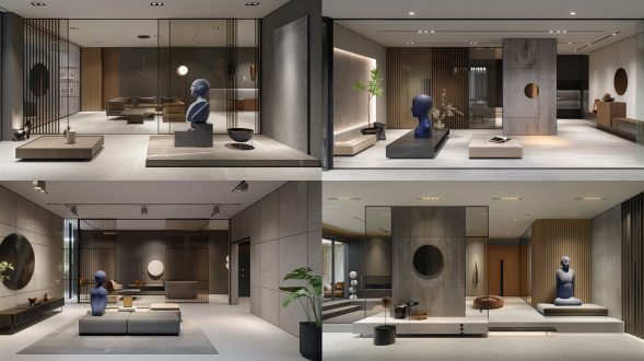 现代极简风格，半透明隔断，金属方形装置，圆形灯，蓝色人形现代雕塑，雕塑上方有柔光点光源，咖啡色墙面，木门，落地玻璃窗，明亮色调，大空间，时尚现代，高清32k，极简主义，开放式布局，高分辨率，清晰细节，现代家具，广角镜头，自然光，柔和阴影，平静氛围。