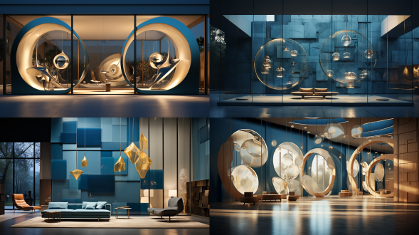 现代极简风格，半透明隔断，金属方形装置，圆形灯具，蓝色人形现代雕塑，雕塑上方有柔和的聚光灯，咖啡色墙面，木门，落地玻璃窗，明亮色调，大空间，时尚现代，高清32k，极简主义，开放式布局，高分辨率，清晰细节，现代家具，广角镜头，自然光，柔和阴影，平静氛围。