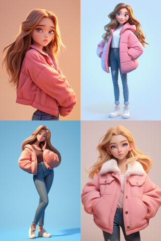一个18岁的金色长发女孩，长相可爱，表情高冷，身穿粉色夹克，蓝色牛仔裤，纯色背景，皮克斯动画风格，c4d，oc渲染器，全身镜头，粘土雕塑材质，电影照明，高质量，多细节