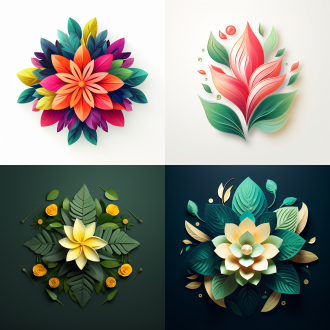 花店logo设计，绿叶鲜花，对称构图，自然风格，户外花园，鲜艳色彩，微距镜头，柔和光线，静态，生机勃勃，清新。