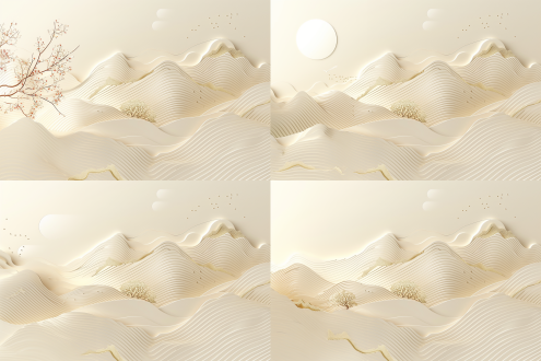 牛皮纸浅色调山水景观，金色线条装饰，对角线构图，传统中式风，广角镜头，侧光，暖色调，高级感。