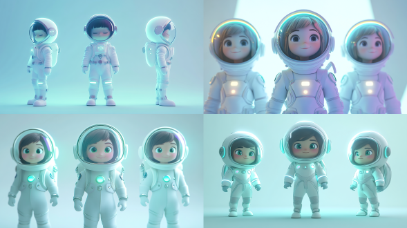 三视图圆润q版女童穿纯白太空服，迪士尼皮克斯风格，纯白空间，三点柔光，薄荷绿淡紫环境光，8k超高清，卡通勾线