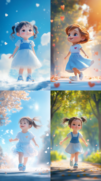 一位可爱小女孩，精致脸颊，占画面4/1，夸张比例，蓝白色搭配及鞋子，肤色白皙，阳光明媚，治愈系，欢乐，远景，动态抓拍动作，小心心，极简主义，位于画面底部，留白背景，卡通，手机壁纸，cg，8k，hdr