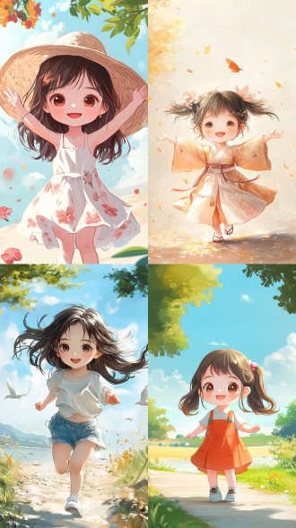 手机壁纸，一位活泼可爱的亚洲小女孩，q版，精致漂亮，夏日休闲极简风穿搭，抓拍动作，位于壁纸底部，欢乐氛围，颜色鲜艳，丰富细节，卡通，极简主义，留白背景，人物占画面3分支一，画质高清，cg，8k，