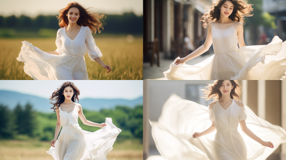全身照，抓拍，专业摄影，远景，8k分辨率，超级写实，高细节，中国美女，20岁，少女，五官端正，高挑身材，开心表情，跑步中，身体前倾，蕾丝白裙，自然光，动态模糊，运动感，清新风格，白色调，轻盈感，青春活力。