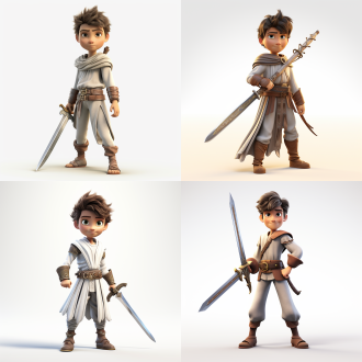 一个手拿宝剑的8岁小男孩，他喜欢探索和了解世界，纯白背景，皮克斯动画风格，c4d，oc渲染器，全身像镜头，黏土塑料材质，电影照明，高质量，高清