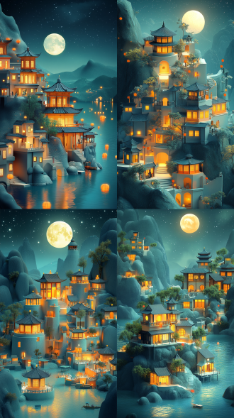 victor ngai，3d渲染，月光背景，joris van der haagen风格，亚洲旅行广告，官方印刷，steve argyle图形艺术家，victor nizovtsev灵感，变形插画，精确等距视角，智能手机分辨率，细节丰富，3d动画。