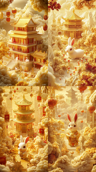 可爱的拟人化兔子victor ngai，中国寺庙背景，cg society比赛获胜作品，漂浮的蜡烛，欢迎氛围，图形艺术家steve argyle设计，皇家浮雕，金色云彩，2009年，焦秉贞风格，分形世界，白色建筑，3d颗粒美学插图，彭振张，2014年，龙