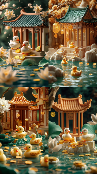 莲花池中的橡皮糖兔子，史诗级3d插画，木雕风格，金色硬币，behance大赛获奖作品，chris moore创作，c4d渲染，细腻纹理，柔和光线，宁静氛围，梦幻色彩，艺术感。