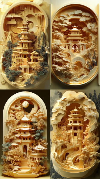 错综复杂木雕，中秋文字，鸟居清武一世风格，布拉德利赖特灵感，中国梦幻之地，流水纸艺术，吴六作品，平面艺术家史蒂夫阿盖尔，茂密森林背景，简单详细，流行艺术，皇家浮雕，复杂行星齿轮，坠落建筑物，大卫麦考利风格，细腻雕刻，自然光，细节丰富，文化融合，艺术创新。