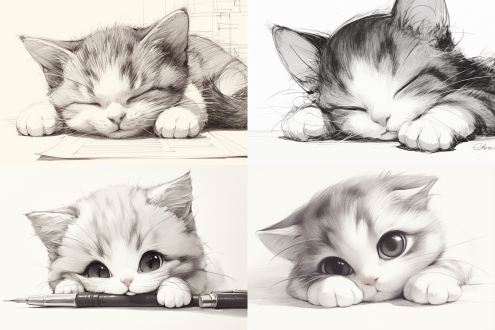 可爱猫咪的铅笔速写，中心构图，线条流畅的线稿，笔触清晰，白色纸张，细线笔，平光，静态，简洁，黑白，平静。