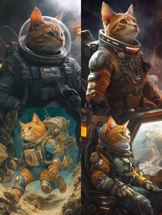 一只橘猫穿着太空服，在宇宙中，科幻风格，充满想象力