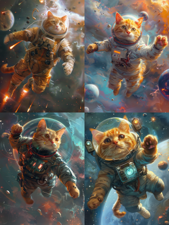 一只橘猫穿着太空服漂浮在宇宙中，科幻风格，充满想象力