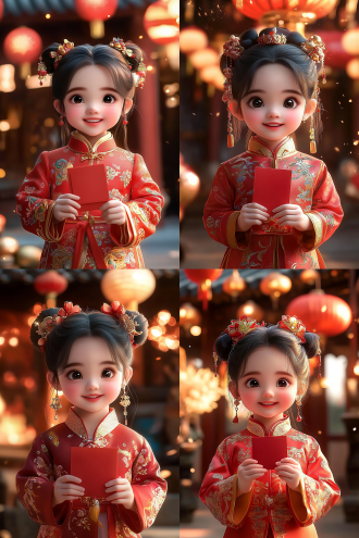 中国小女孩正面微笑，双马尾无装饰穿新年马甲拿红信封，对称构图，新年场景，明亮色调，标准镜头，顶光，喜庆。