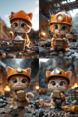 矿工小猫蹲地吃盒饭，中心构图，矿场环境，写实风，长焦镜头，顶光，静态，安全帽道具，脏污感，暖褐色调，平静。