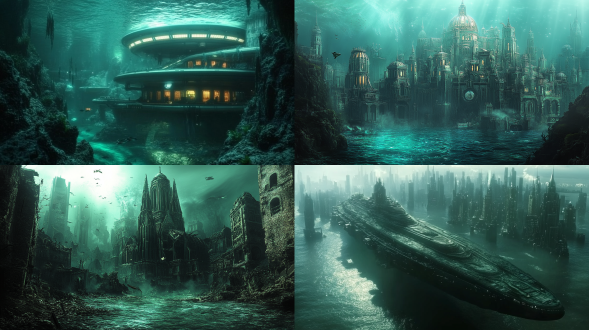 逼真写实的画面，大气磅礴的海底科幻城市，宏伟深邃，有着放水隔离罩，神秘的深海生物