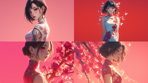 穿旗袍的清纯女孩，精致的脸，精致的服装，旗袍上绣花细致，从远处走来，白皙皮肤，纯色背景，柔和色调，超细节，8k