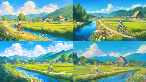 女孩骑自行车穿越乡村，细节到位，溪旁花径，稻田与传统房屋，远山云卷云舒，夏日午后景象。骑行，乡村风景，自然光，远景，宁静，生机，清新，温暖色调。宫崎骏风格