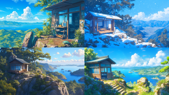 逼真超细节渲染风格，湛蓝色调的海景，小屋，悬崖，美丽画面，广角电影镜头，日本动漫电影，逼真油画，明亮色调，细致纹理，柔和光线，温暖氛围，宁静，愉悦。远景图，冷色调，大气磅礴，震撼视觉效果