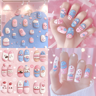 设计一组可爱的卡通美甲，精致可爱，细节到位，马卡龙色，灯光类似于高端工作室的灯光，目标是制作具有 8k 质量的超高清图像